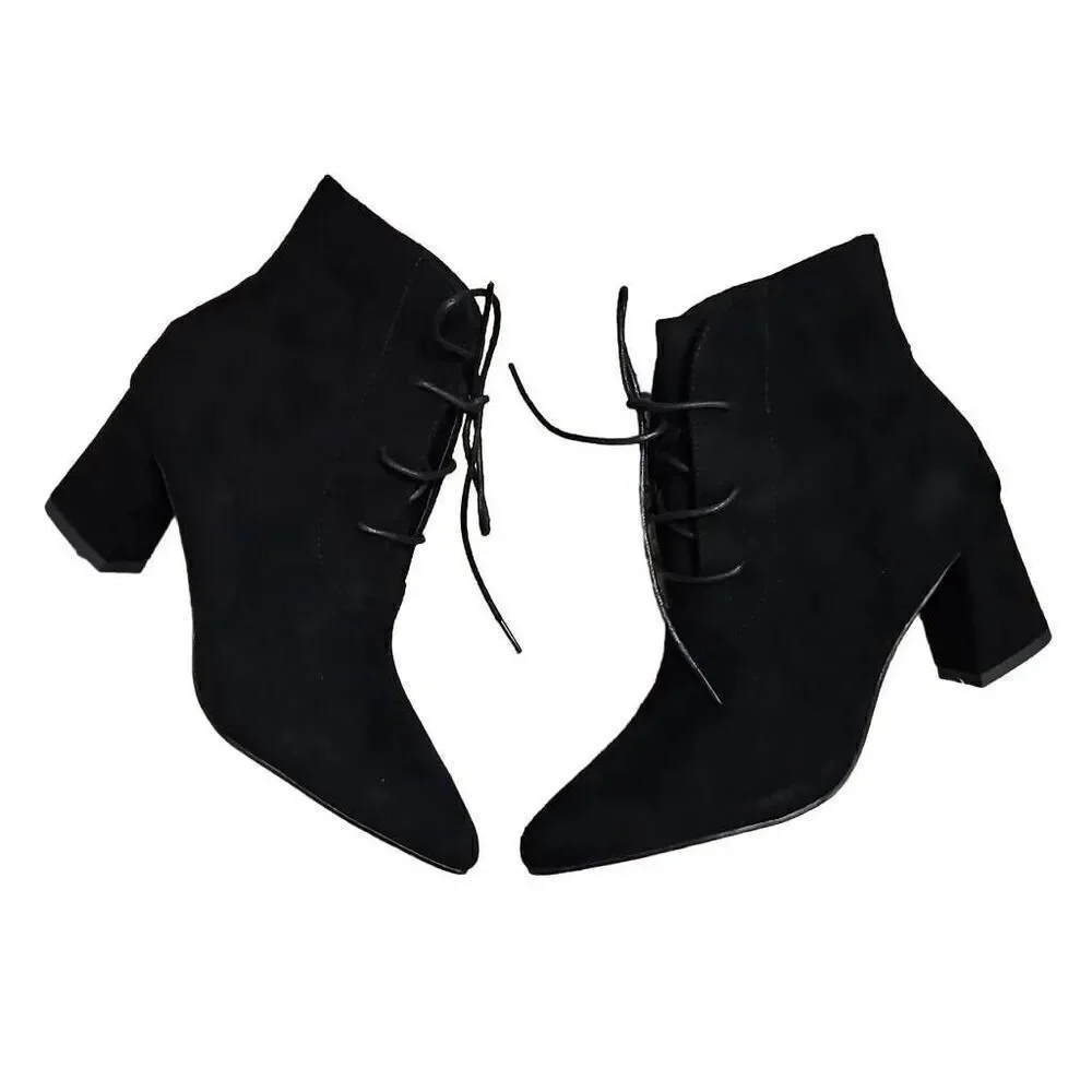 Perphy Pointed Toe Lace Up Block Heel Ankle Boots for Women Black 9